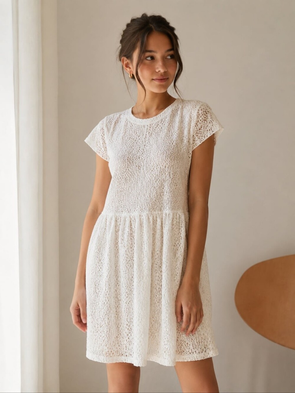 Little Moon Aritzia NWOT Womens White Lace Short-Sleeve Midi Dress Not Lined